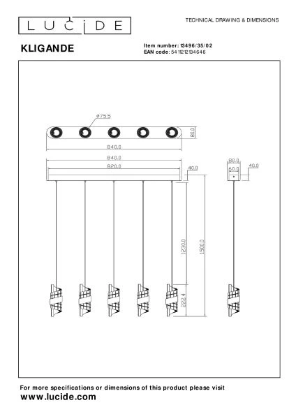 Lucide KLIGANDE - Hanglamp - LED Dimb. - 5x7,8W 2700K - Mat Goud / Messing - technisch